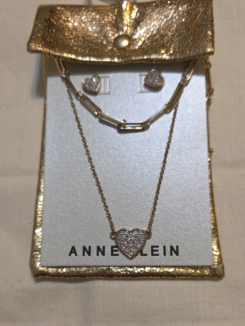 Anne Klein Gold Pave Heart Necklace and Matching Heart Studs Set